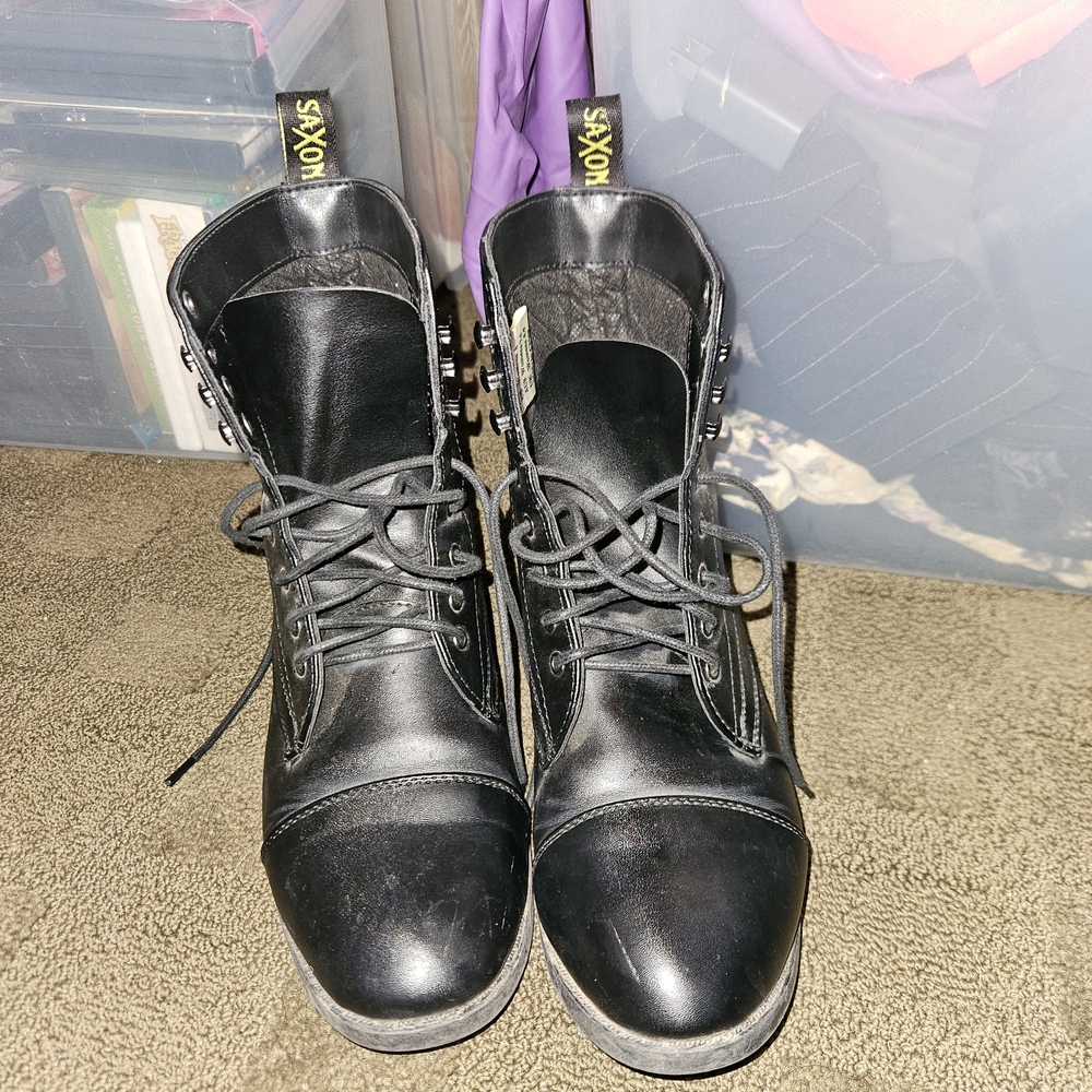 Saxon Black Faux Leather Combat Boots - Picture 3 of 7